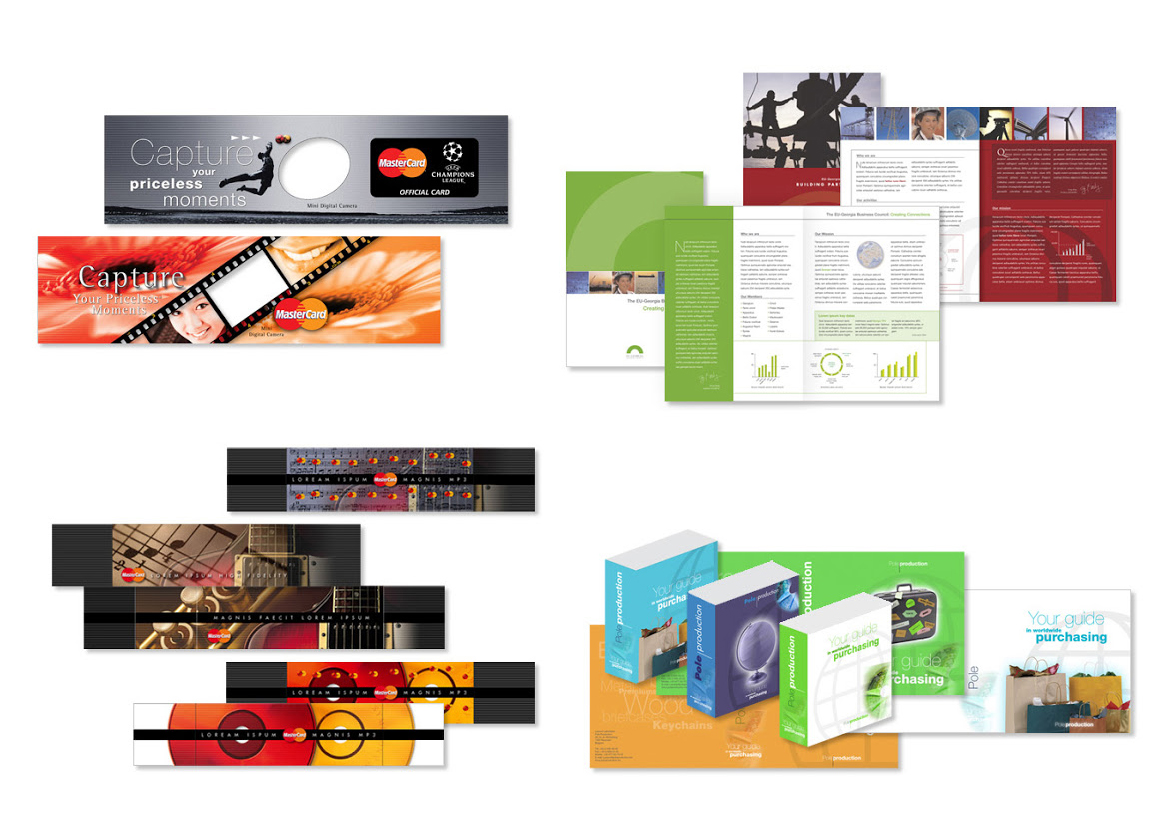 MASTER CARD: habillage d'un packaging d'un appareil photo et d'articles cadeaux; EU-GEORGIA: brochure; POLE POSITION: packaging pour un logiciel.