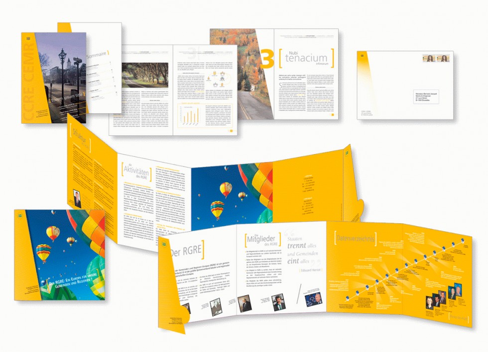 Dépliant, brochure et papeterie pour la Communauté des Communes et Régions d'Europe. Réalisation du guide-line.