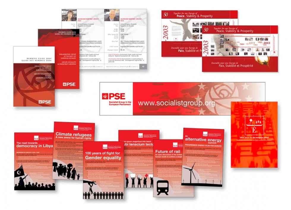 Publications pour le Parti Socialiste Européen. Brochures, panneaux, bandeaux, affiches, dépliants....