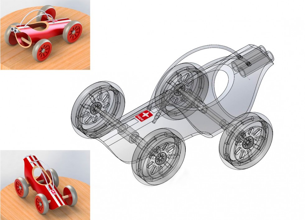 Re-création d'un jouet en SolidWorks, d'après un modèle réel. Les deux images en couleurs sont des images de synthèse.