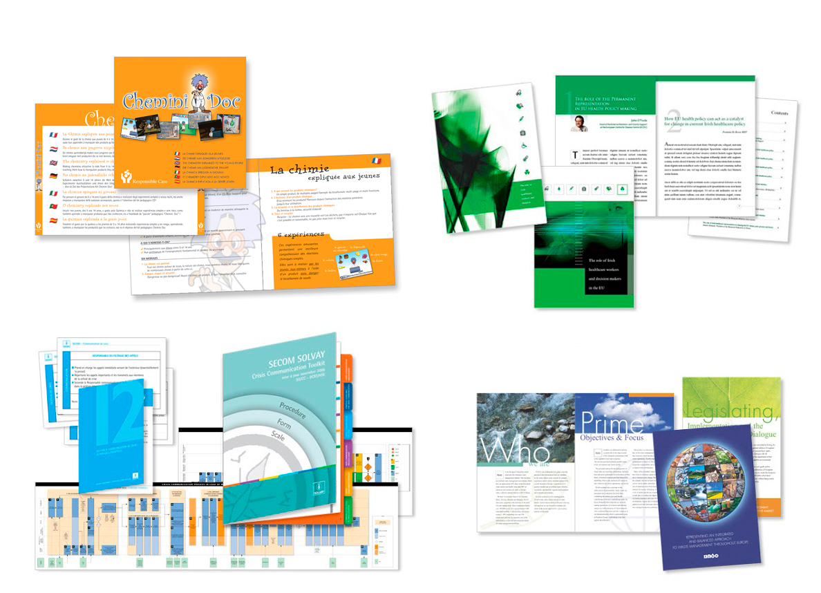 Habillage de DVD pour Solvay. Brochure pour Low Carbon Technologies. Crisis Guide pour SOLVAY. brochure pour la FEAD (Federation Européenne des Activités de la Dépollution et de l'Environnement).