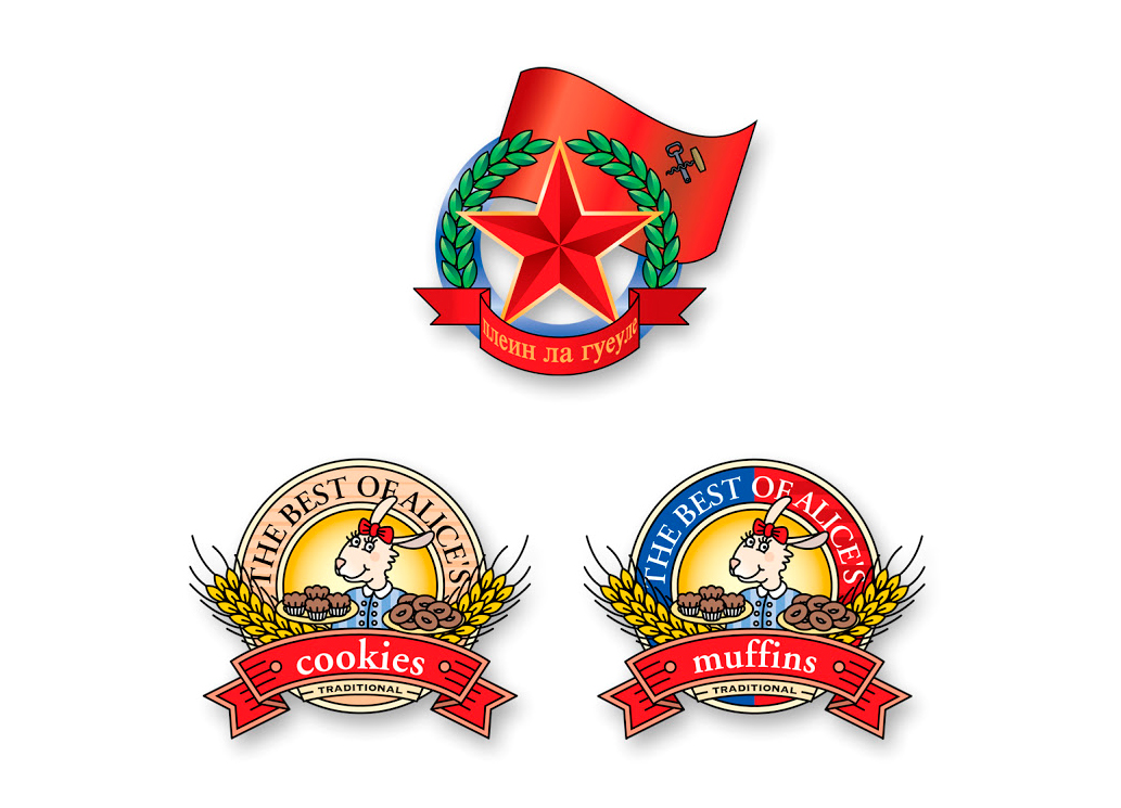 Emblême façon soviétique pour une marque d'alcool et étiquettes pour un fabricant de cookies et de pâtisseries.